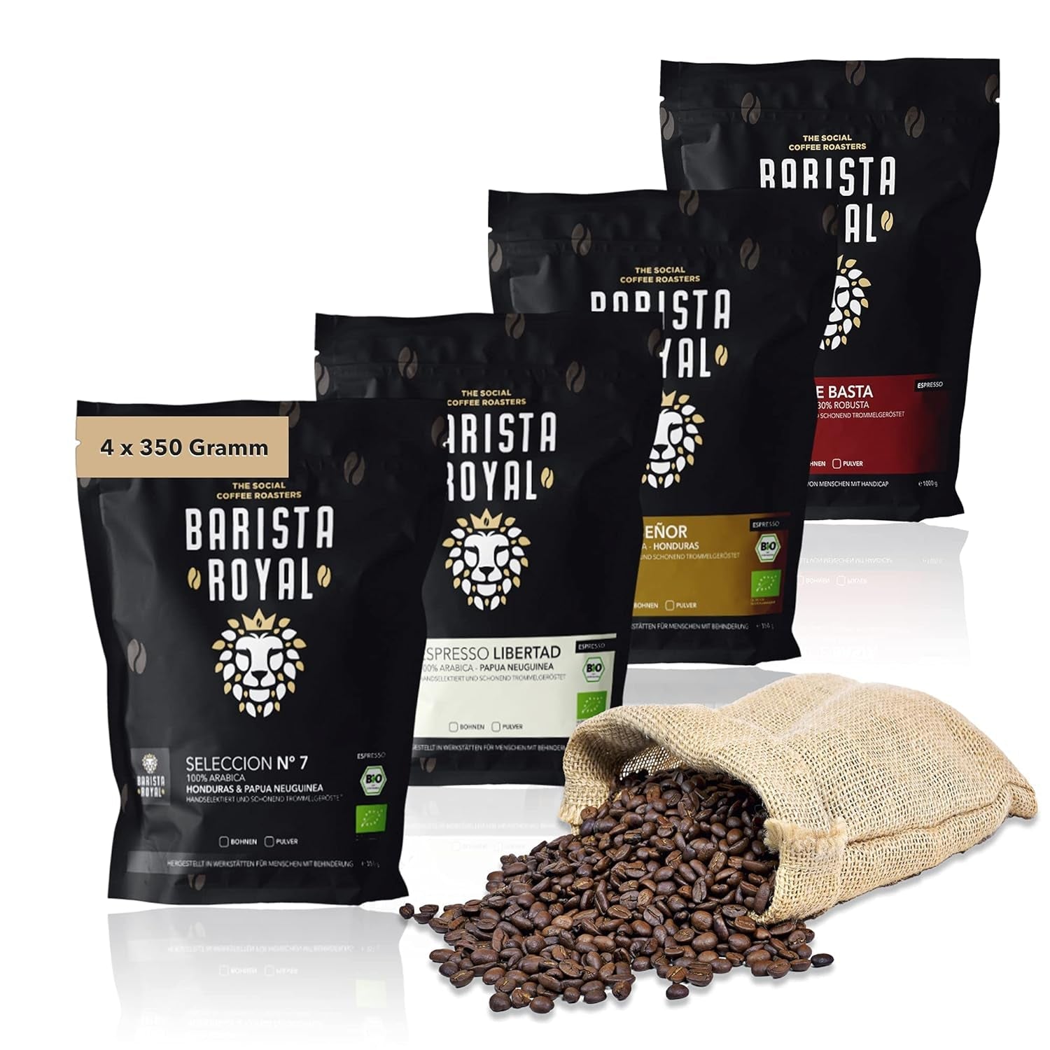 Juego de muestra de granos de espresso 4 x 350 g de granos de espresso | Paquete de descubrimiento/paquete de muestra | Robusta y Arábica | Ideal para dispositivos totalmente automáticos y portafiltros | BARISTA REAL