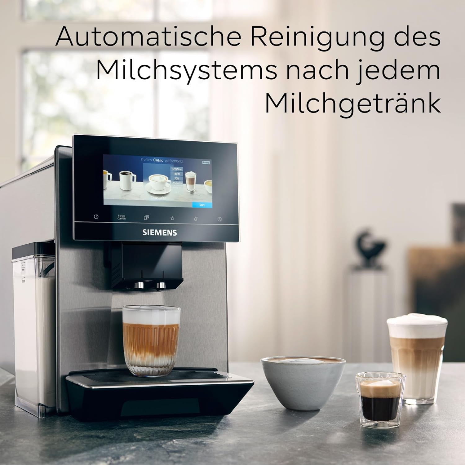 Siemens EQ900 TQ903D03 Cafetera Espresso Automática, Control App, Pantalla Táctil Intuitiva, Modo Barista, AromaBoost, Reducción de Ruido, Molinillo Premium, Limpieza Automática a Vapor, 1500 W, Acero Inoxidable