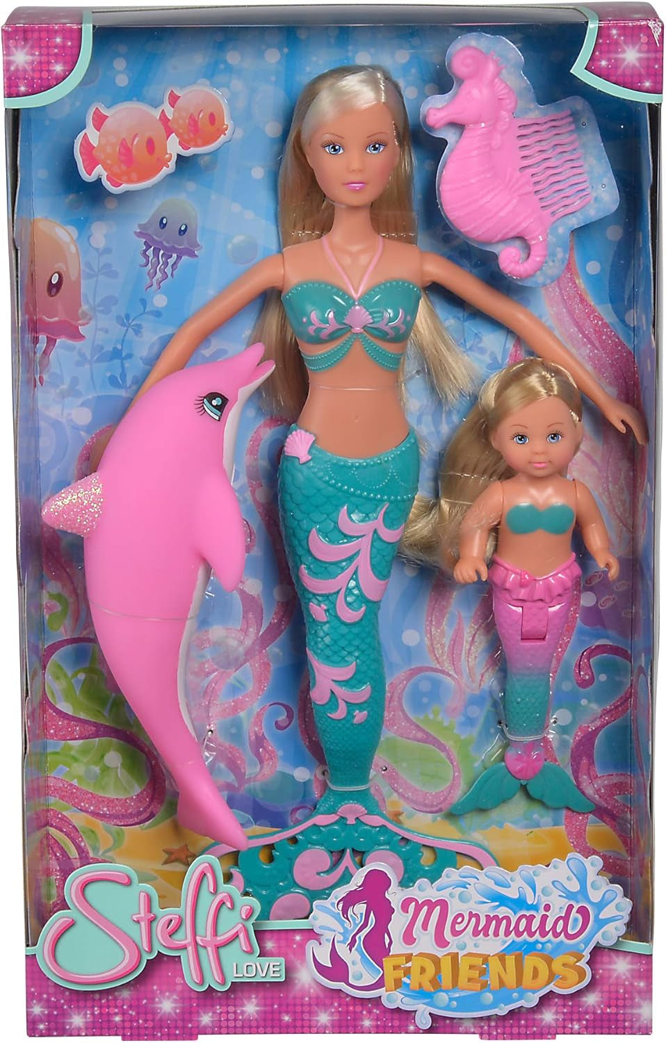 Simba 105733336 - Steffi Love Mermaid Friends, muñeca mágica de sirena con hermana Evi, figura de delfín y más, juguete para niños a partir de 3 años