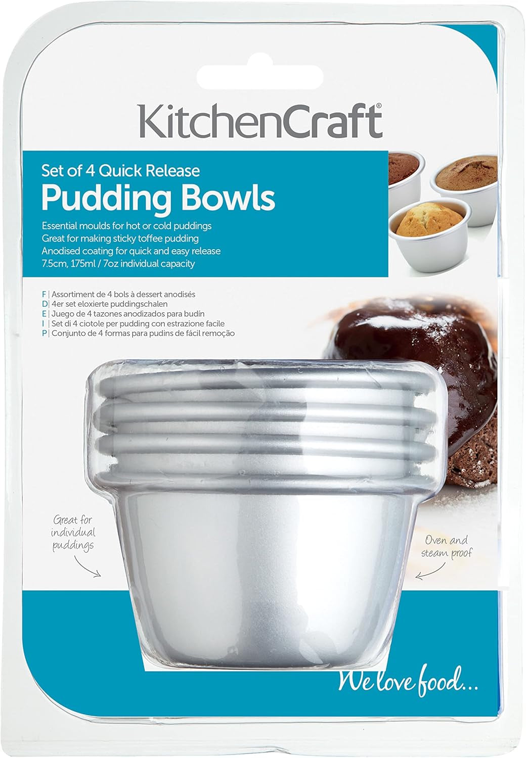 Kitchencraft Mini moldes para pudín de aluminio anodizado, 7,5 cm, juego de 4 moldes y bandejas para hornear plateados Naty Shop