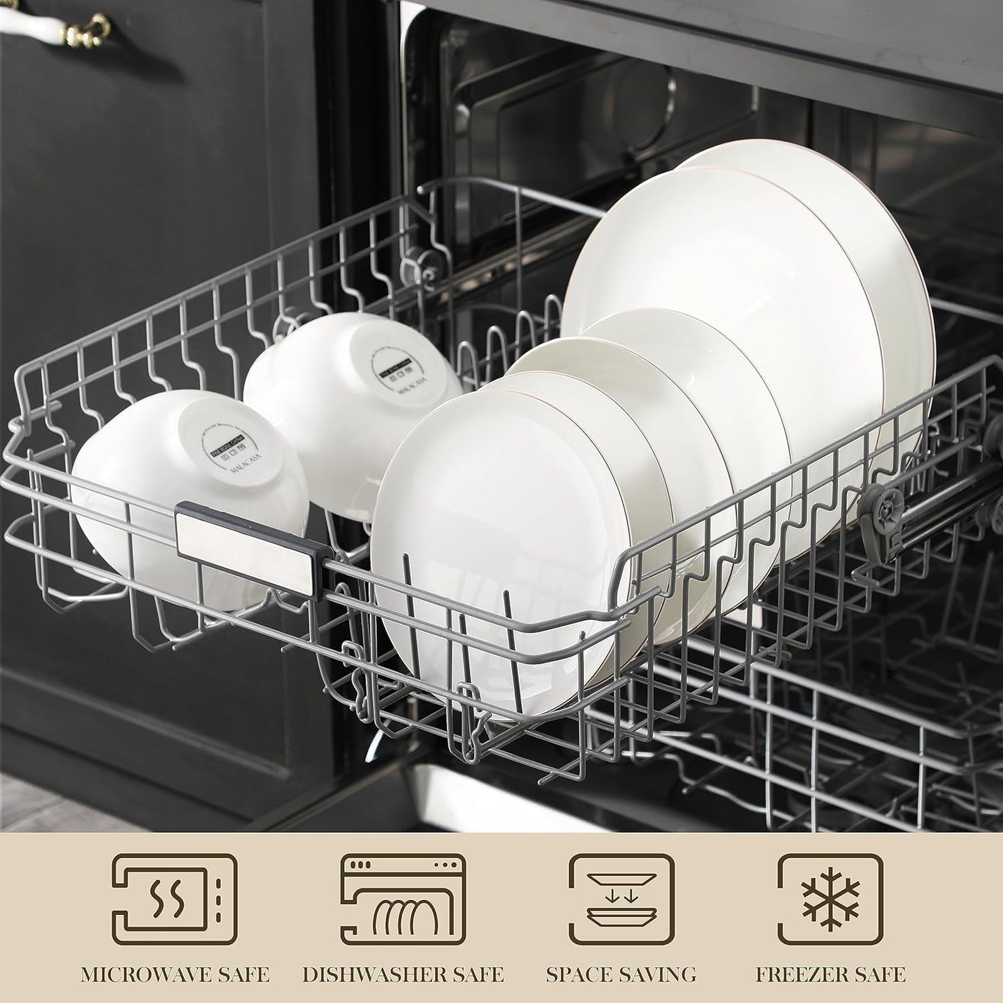 MALACASA Juego de vajilla para 4 personas Bone China Juego de vajilla de 16 piezas Redondo blanco con borde dorado Juego combinado de 4 platos llanos 4 platos de postre 4 platos Suma y 4 tazones de cereales Serie NORI