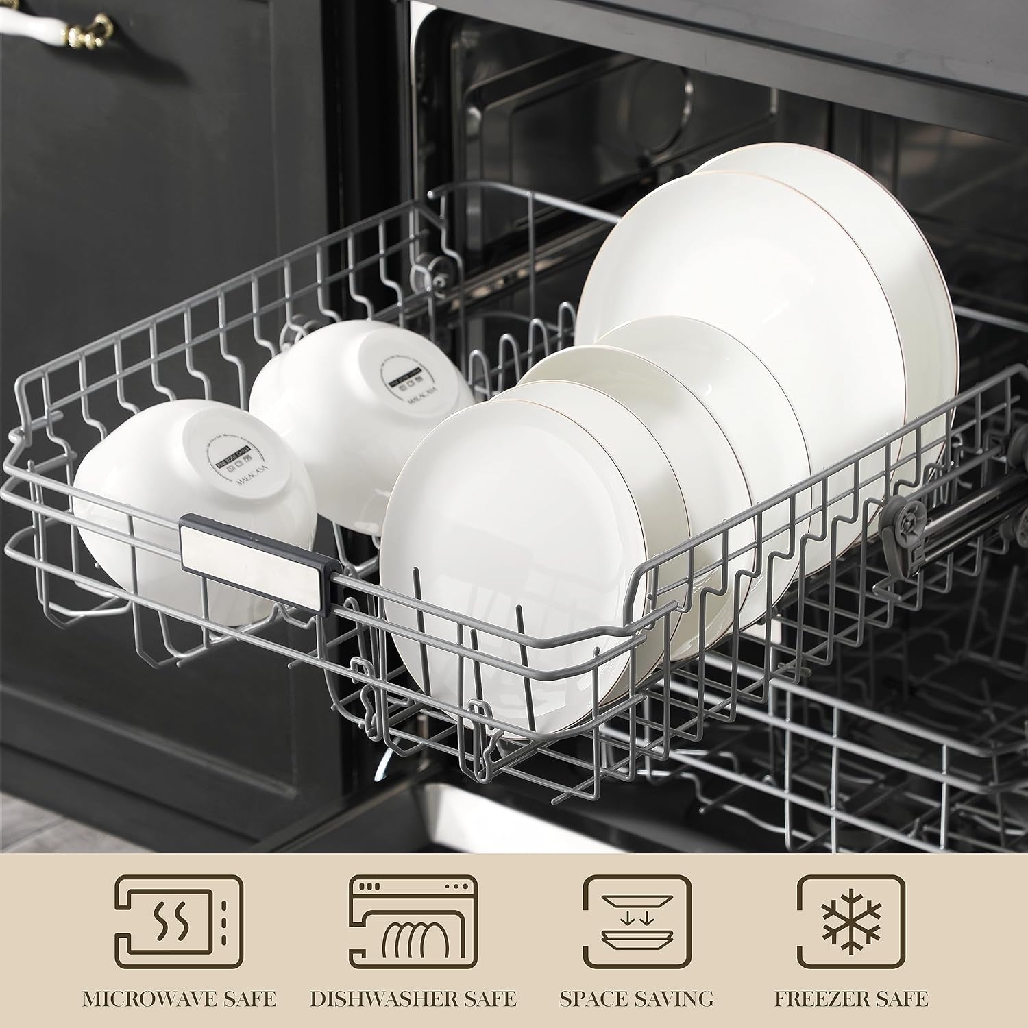 MALACASA Juego de vajilla para 4 personas Bone China Juego de vajilla de 16 piezas Redondo blanco con borde dorado Juego combinado de 4 platos llanos 4 platos de postre 4 platos Suma y 4 tazones de cereales Serie NORI