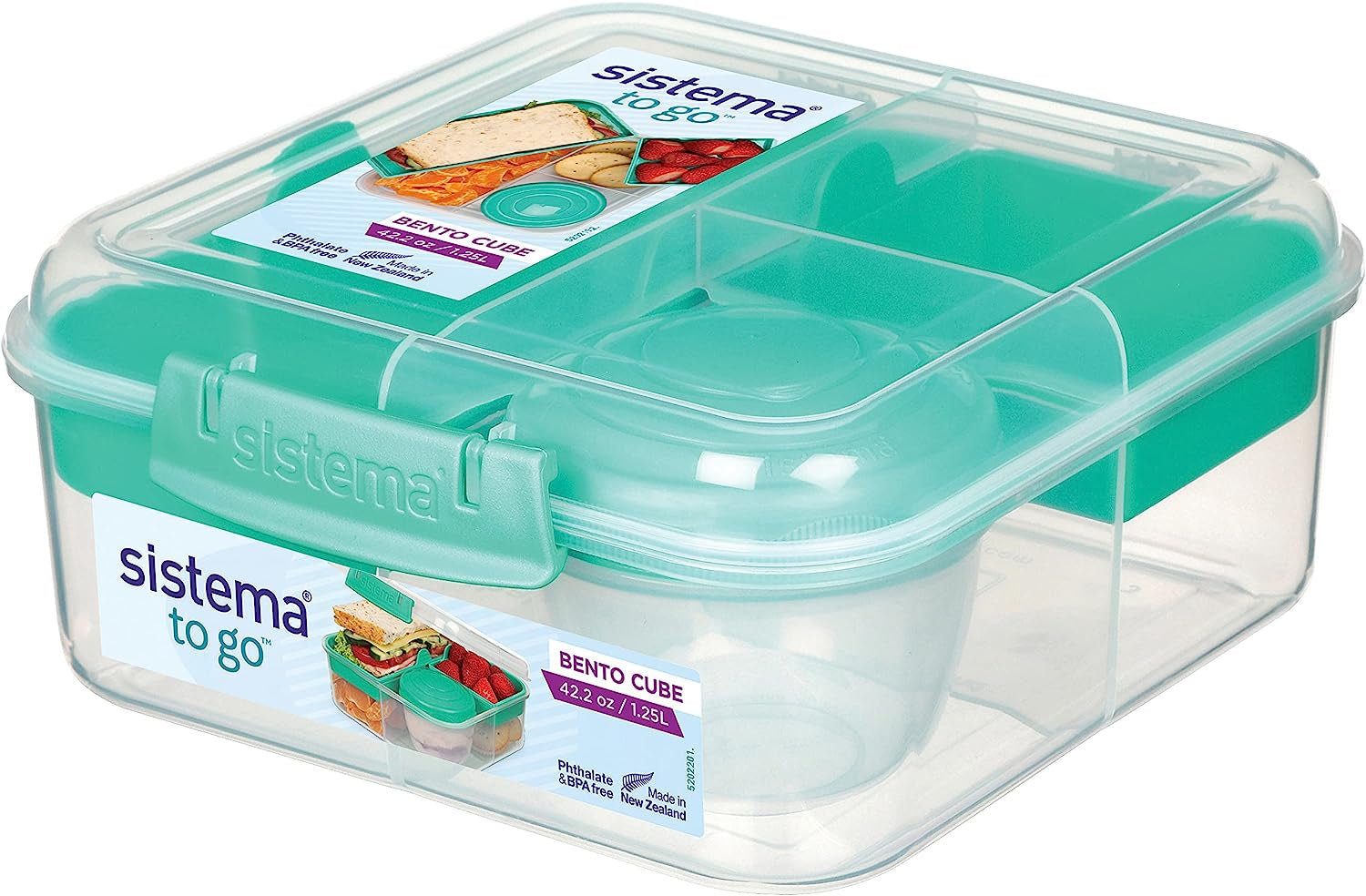 Sistema de fiambrera Bento Box TO GO con compartimentos | Fiambrera de 1,25 L con recipiente para yogur/fruta | para niños y adultos l | Minty Teal sin BPA [21685-8T], verde menta Cajas para almacenar alimentos Naty Shop Verde menta 1,25 L