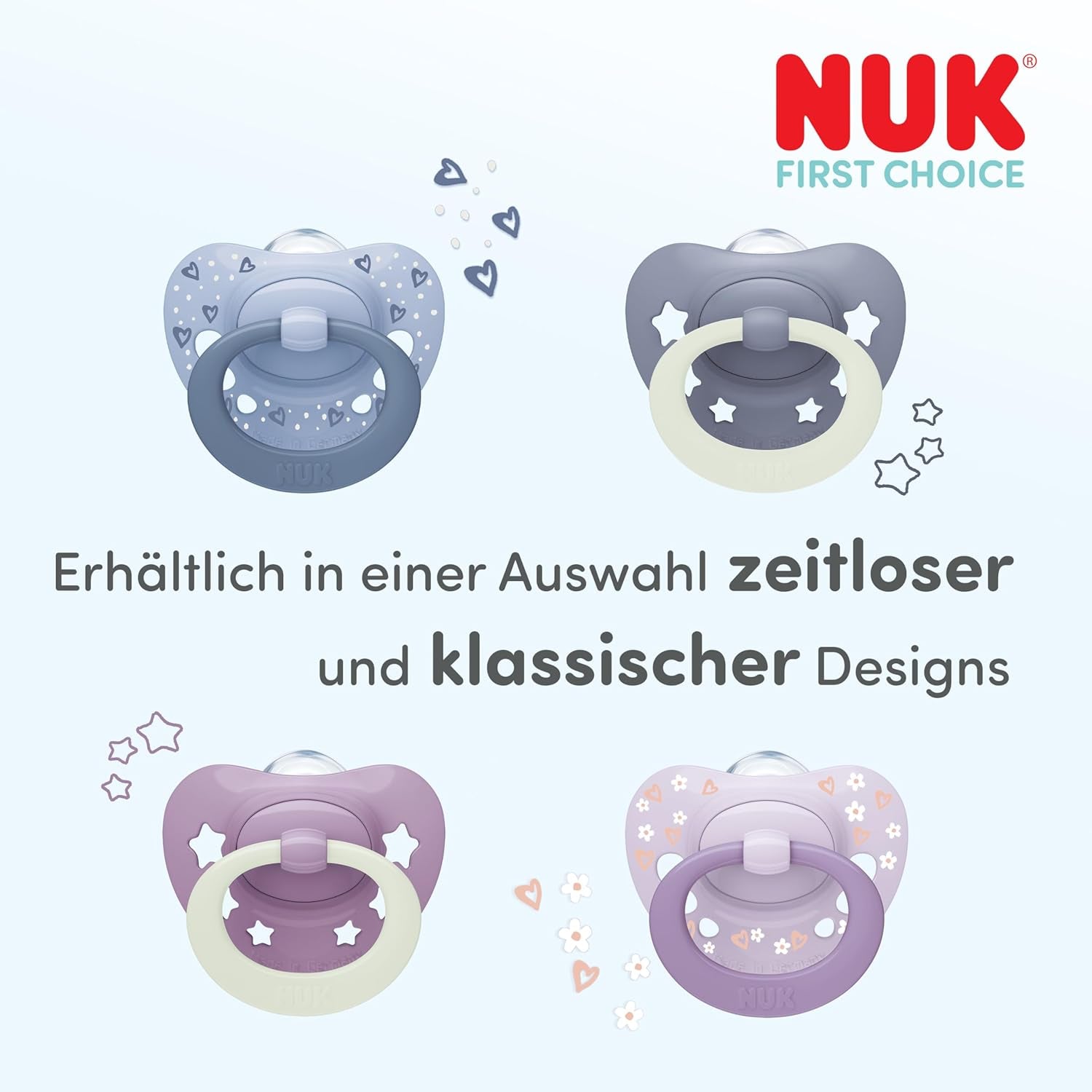 Chupetes clásicos de día y noche NUK First Choice para bebés | 6-18 meses | Chupetes de ortodoncia que brillan en la oscuridad | 95% de aceptación por parte de los bebés** | Azul | Paquete de 2