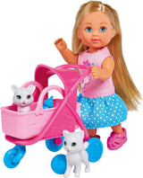 Simba 105733348 - Cochecito para Gatos Evi Love, con Dos Gatos en el Cochecito, Bolso Desmontable, Accesorios, Muñeca de Vestir, 12cm, Para Niños a Partir de 3 Años