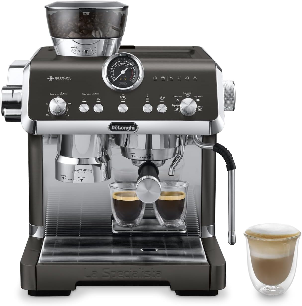 De'Longhi La Specialista Arte EC9155.MB Cafetera espresso con portafiltro y molinillo, 8 niveles de molido, 15 bares de presión, 3 niveles de temperatura, espumador de leche, 1550 W, depósito de 1,7 L, acero inoxidable/negro, incluye kit de barista
