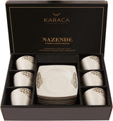 KARACA Nazende Juego de tazas de café expreso de porcelana - Tazas de café turco con platillos de 80 ml, servicio de café moderno de 12 piezas con 6 tazas de café y 6 platillos, tazas de moca - Blanco