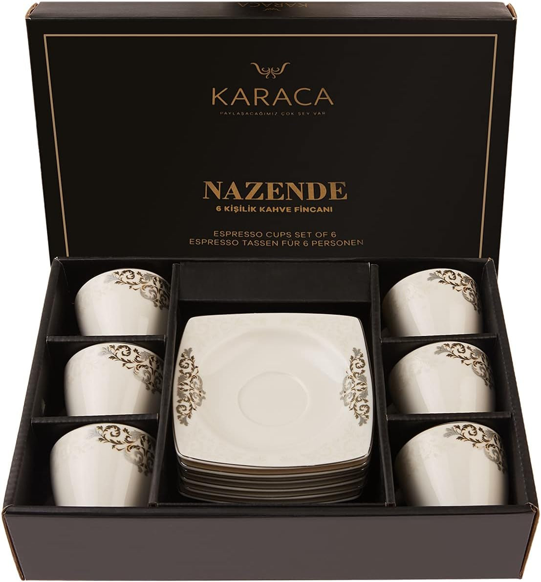 KARACA Nazende Juego de tazas de café expreso de porcelana - Tazas de café turco con platillos de 80 ml, servicio de café moderno de 12 piezas con 6 tazas de café y 6 platillos, tazas de moca - Blanco