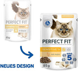 Comida húmeda para gatos Perfect Fit Sensitive 1+ con pollo en salsa, 12 sobres, 12 x 85 g - Comida húmeda premium para gatos sensibles a partir de 1 año, sin trigo ni soja, para favorecer la digestión