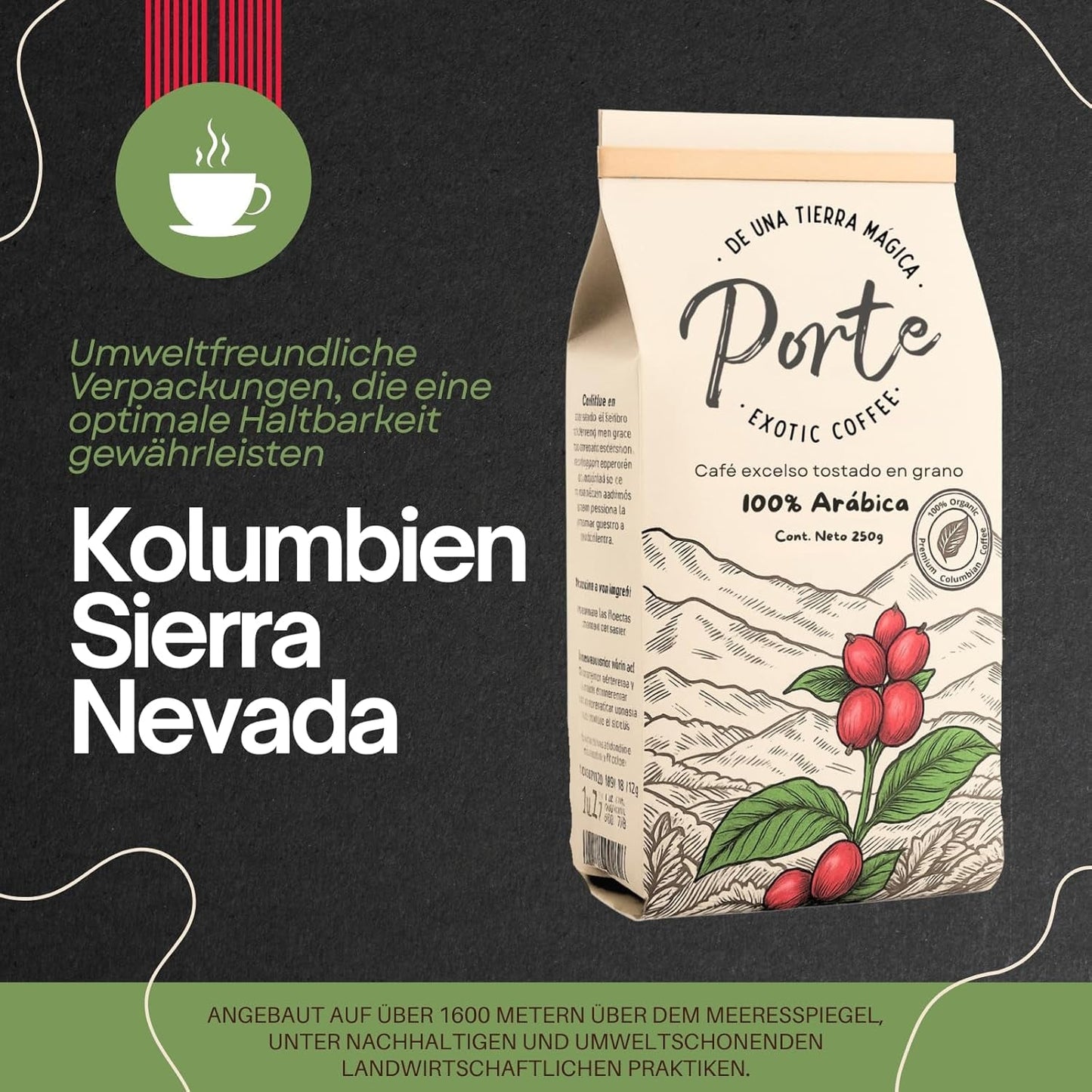 Spezialitätenkaffee Bohnen 100% Arábica Natural Mittlere Röstung Gewaschener Prozess Zitrus Schokolade Karamell Schattenanbau Sierra Nevada (250 g, Castillo)