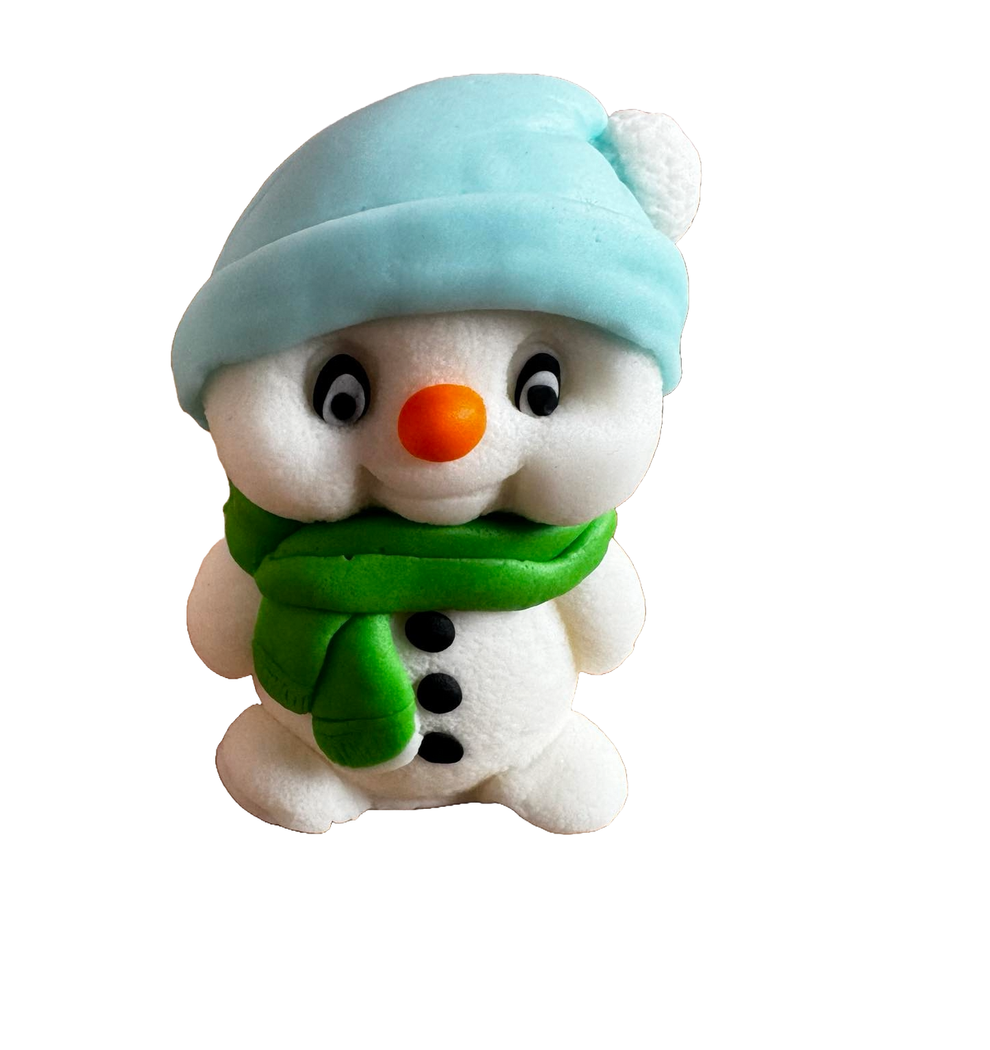 Decoración comestible de pasta de azúcar, Muñeco de nieve con bufanda verde y gorro azul Decoraciones de pasta de azúcar Naty Shop