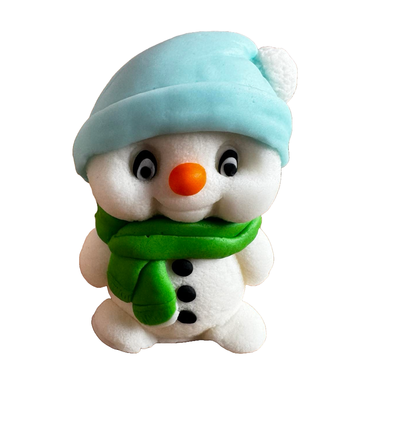 Decoración comestible de pasta de azúcar, Muñeco de nieve con bufanda verde y gorro azul Decoraciones de pasta de azúcar Naty Shop