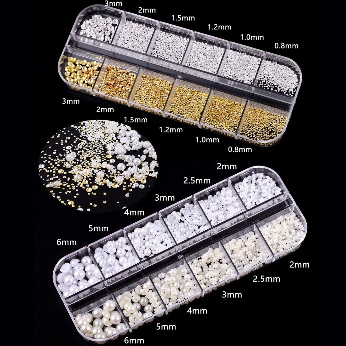 Juego de 4 cajas de llaveros para uñas - 48 tipos de llaveros para uñas 3D dorados y plateados (mariposas, flores, perlas, etc.) + pinzas y bolígrafo - Para uñas acrílicas y de gel DIY | Ideal para salón de uñas y hogar.