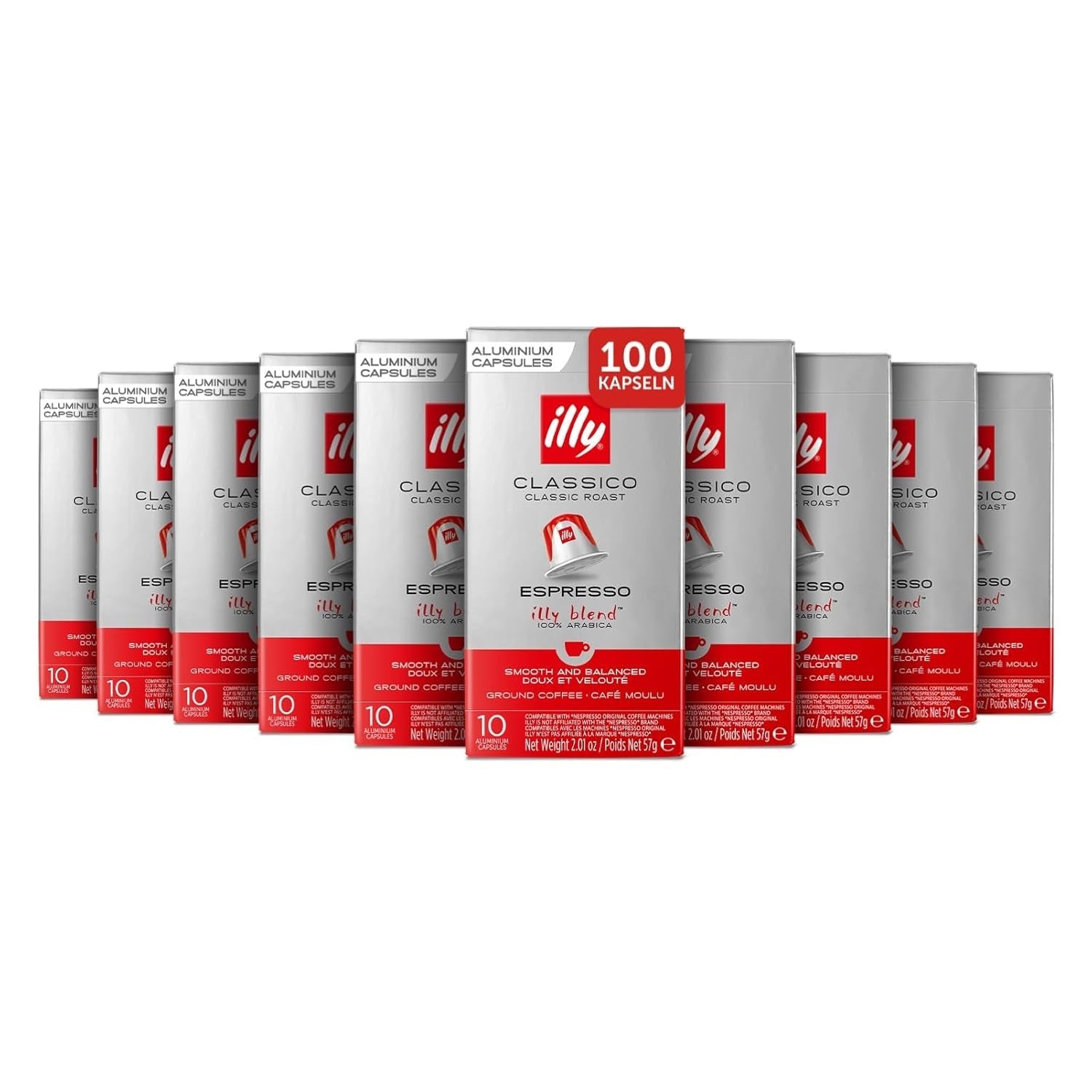 illy, Compatible Aluminium-Kaffeekapseln CLASSICO, 100% Arábica con notas de flores de naranja y jazmín, sabor dulce y retrogusto dulce, 10 paquetes de 10 cápsulas (100 en total)
