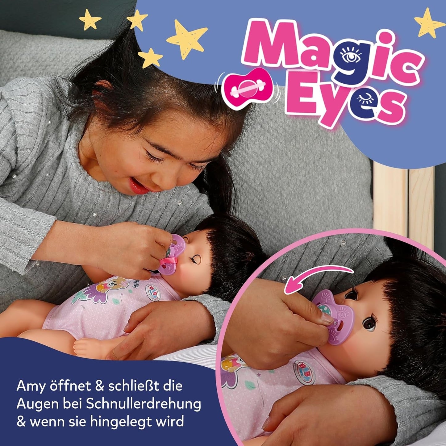 BABY Born Amy - Muñeca 36 cm - Muñeco bebé con 7 funciones para niños a partir de 1 año - Funciona sin pilas - Incluye accesorios y colchón