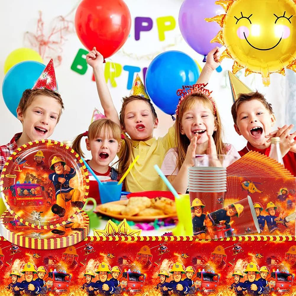 Juego de vajilla para fiesta temática de bomberos, decoraciones para fiesta de cumpleaños de bomberos, 61 piezas para 20 invitados