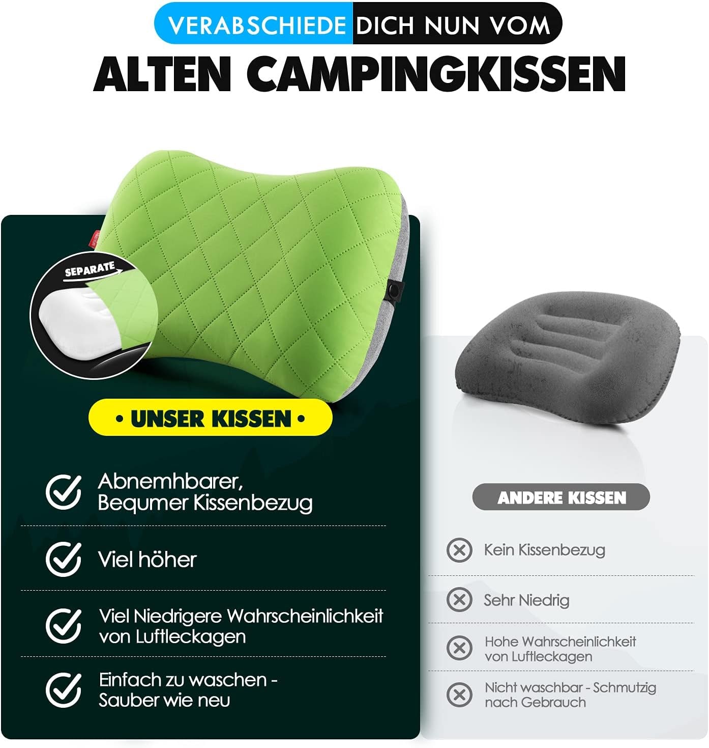 HIKENTURE Almohada Inflable para Camping/Viaje con Funda de Almohada Extraíble, Almohada Ergonómica, Cómoda Almohada para el Cuello para Viajes/Exteriores, Almohada Inflable para el Cuello de Viaje (Verde)... Almohadas Ortopédicas Cervicales Naty Shop