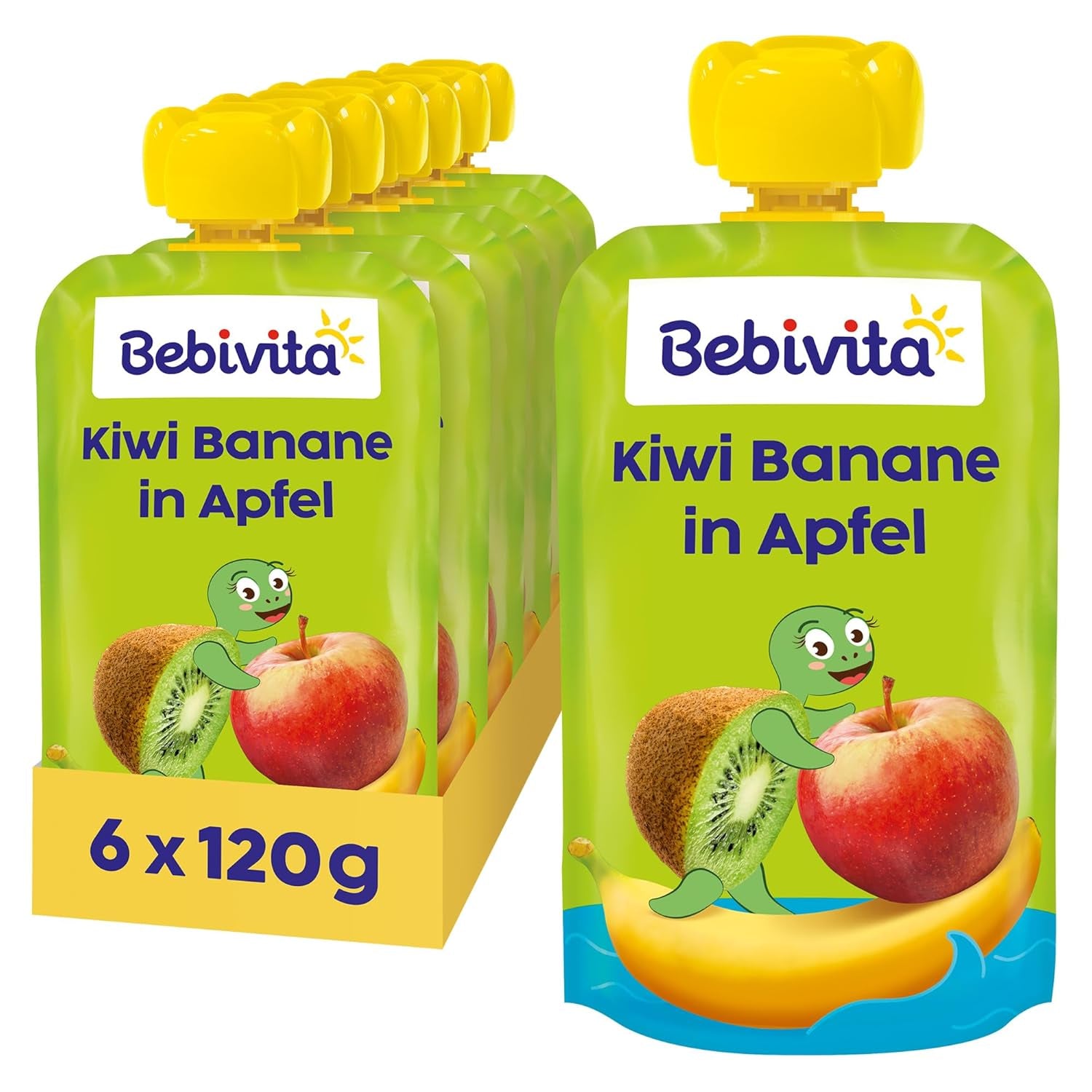 Kiwi Plátanos en Quetschie de Manzana (6 x 120 g), sin Zuckerzusatz, sin gluten, ideal para refrigerios fuera de casa y autónomos