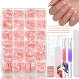 Juego de 360 ​​uñas postizas de bailarina degradada, uñas artificiales degradadas de color rosa y blanco con 2 bolígrafos de aceite de uñas, uñas postizas medianas Ombre para mujeres DIY