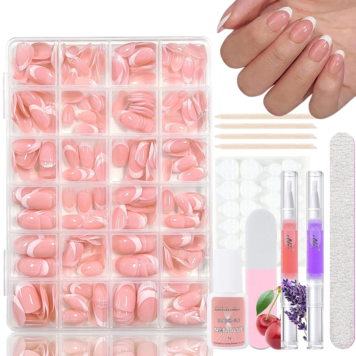 Juego de 360 ​​uñas postizas de bailarina degradada, uñas artificiales degradadas de color rosa y blanco con 2 bolígrafos de aceite de uñas, uñas postizas medianas Ombre para mujeres DIY