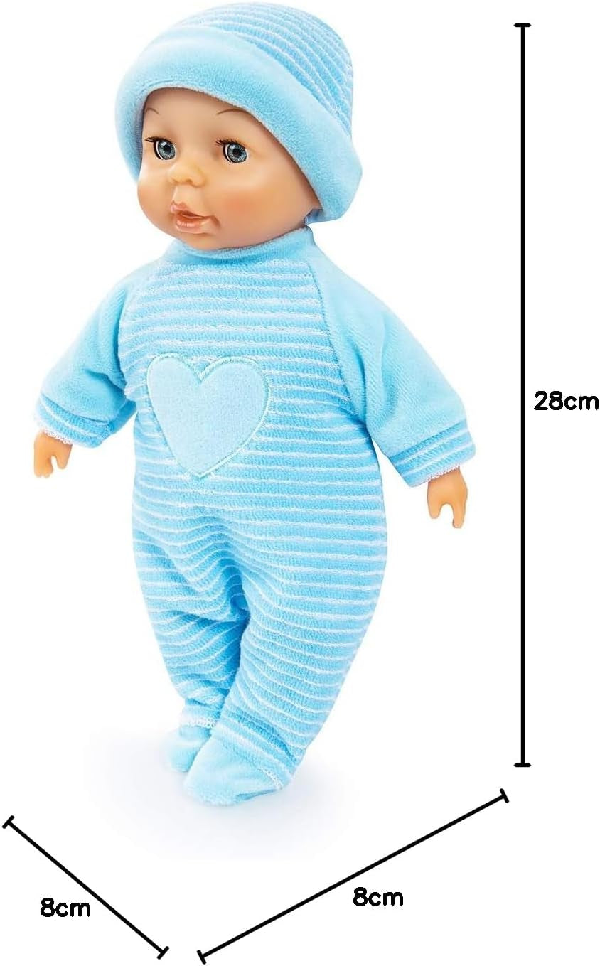 Bayer Design 92802AU My First Baby 28cm, Muñeco Bebé, Muñeco de Cuerpo Blando con Ojos Durmientes, Muy Manejable, Lindo Conjunto, Azul con Corazón