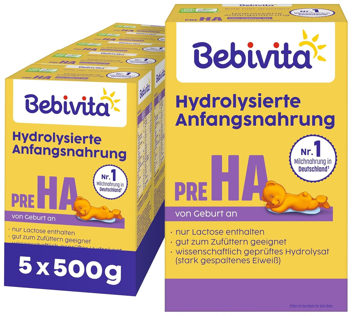 PRE HA (5 x 500 g), fórmula de leche en polvo hidrolizada desde el nacimiento, contiene únicamente lactosa como carbohidrato, adecuada para alimentación complementaria