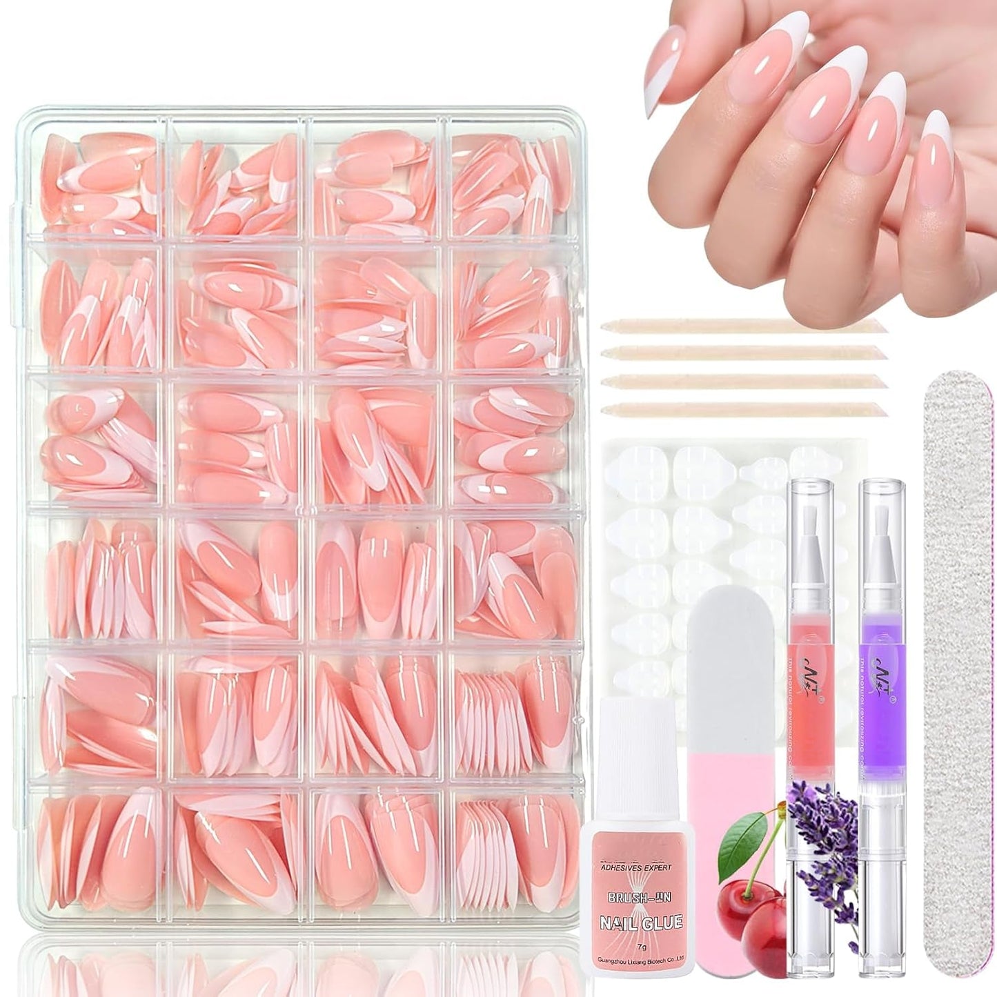 Juego de 360 ​​uñas postizas de bailarina degradada, uñas artificiales degradadas de color rosa y blanco con 2 bolígrafos de aceite de uñas, uñas postizas medianas Ombre para mujeres DIY