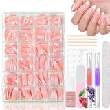 Juego de 360 ​​uñas postizas de bailarina degradada, uñas artificiales degradadas de color rosa y blanco con 2 bolígrafos de aceite de uñas, uñas postizas medianas Ombre para mujeres DIY