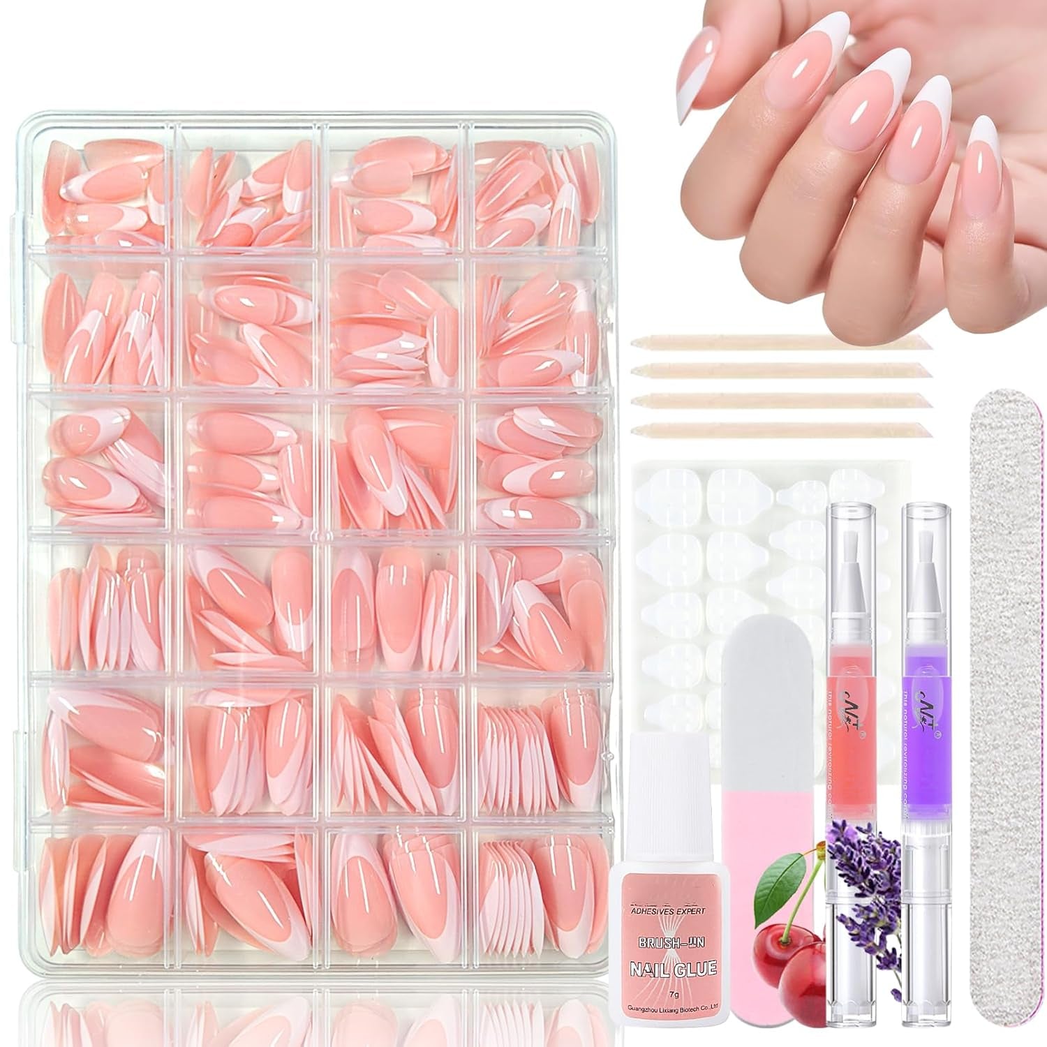 Juego de 360 ​​uñas postizas de bailarina degradada, uñas artificiales degradadas de color rosa y blanco con 2 bolígrafos de aceite de uñas, uñas postizas medianas Ombre para mujeres DIY