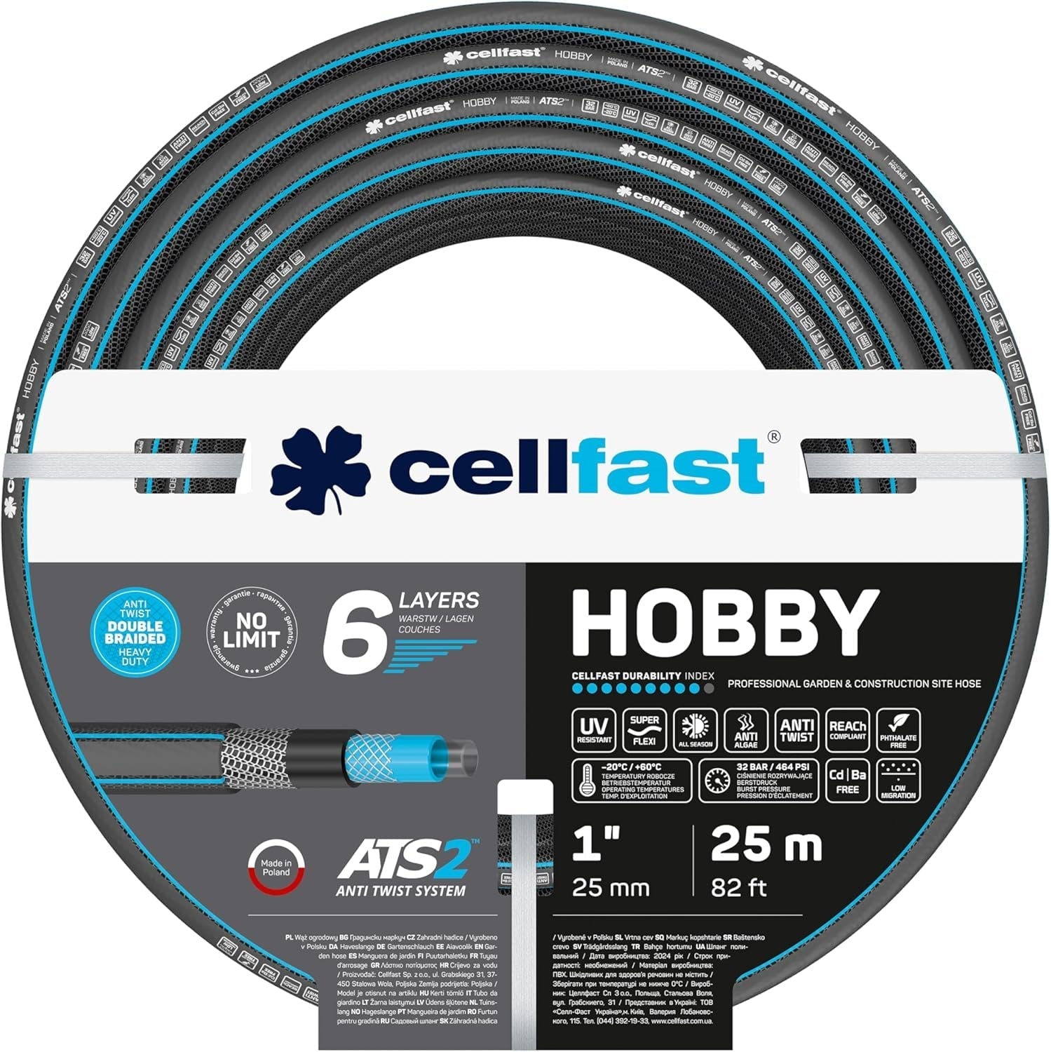 CELLFAST Manguera de jardín Manguera de agua de 6 capas Manguera de riego de tela trenzada doble Manguera flexible antialgas resistente a los rayos UV 32 bar 1 pulgada 25 metros Hobby