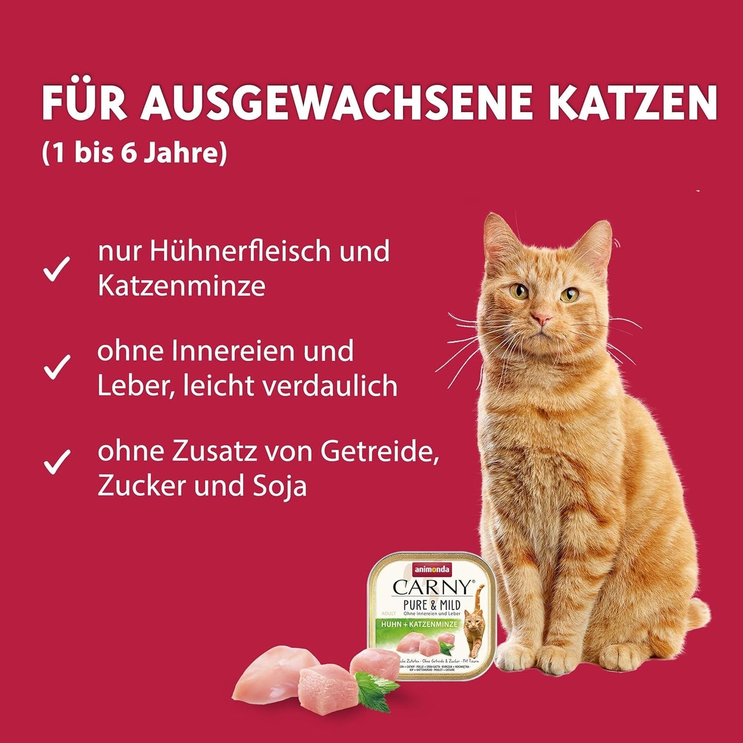 Adult Pure & Mild comida húmeda para gatos con pollo y hierba gatera (32 x 100 g), para gatos sensibles, sin cereales ni azúcar, comida húmeda con pollo de fácil digestión