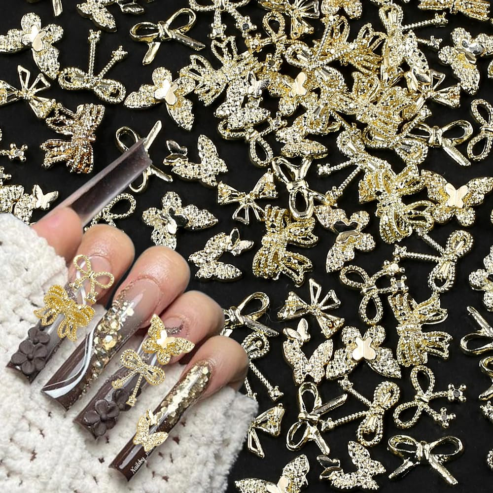 50Stück 3D Lazo Dorado Nail Charms Mariposa Nail Art Charms Legierung Bogen Nagel Charms Nägel Zubehör Schleife Nagelschmuck Metall Schleifen Schmetterling Nageldesign Nagelanhänger Nailart Strasssteine