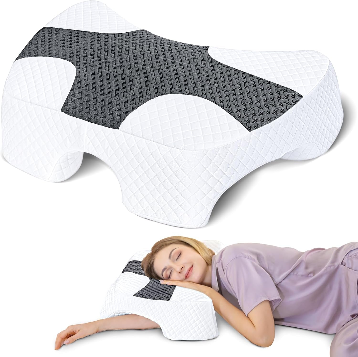 SAHEYER Almohada para dormir de lado con brazo, almohada ortopédica ergonómica, almohada viscoelástica para cuello y hombros, almohada para el cuello con brazos multiángulo para muchas posiciones para dormir (blanco) Almohadas ortopédicas cervicales Naty Shop Gris