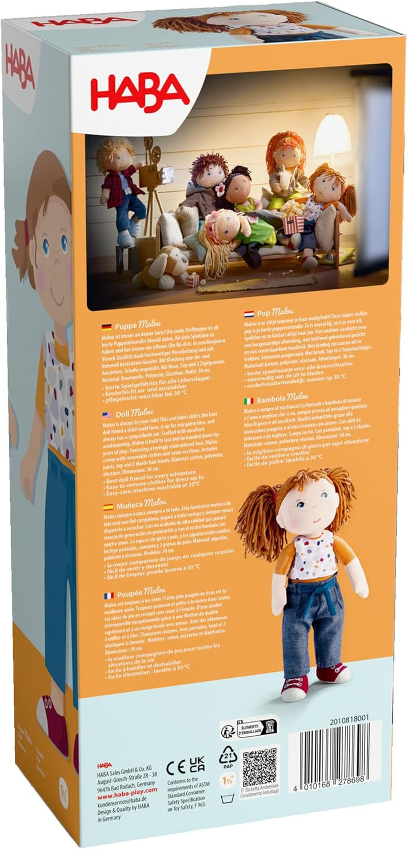 Muñeca HABA Malou - Muñeca blandita de 30 cm de altura para jugar y abrazar - Materiales suaves y lavables - Alternativa ideal a los muñecos de peluche - Apto para niños a partir de 1,5 años - 2010818001