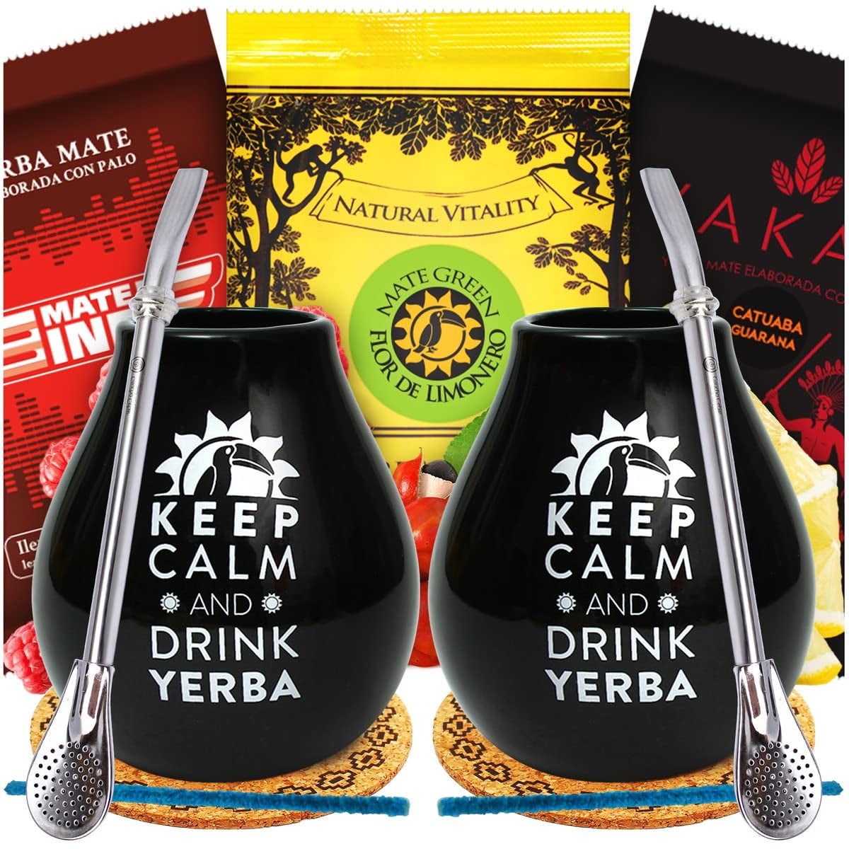 Juego de Té Yerba Mate para Dos 150G | Mate con guaraná y frutas | Té de yerba mate de hojas sueltas | Taza de Cerámica Negra Mate 350 ml | Bombilla Pajita Acero Liza 19 cm