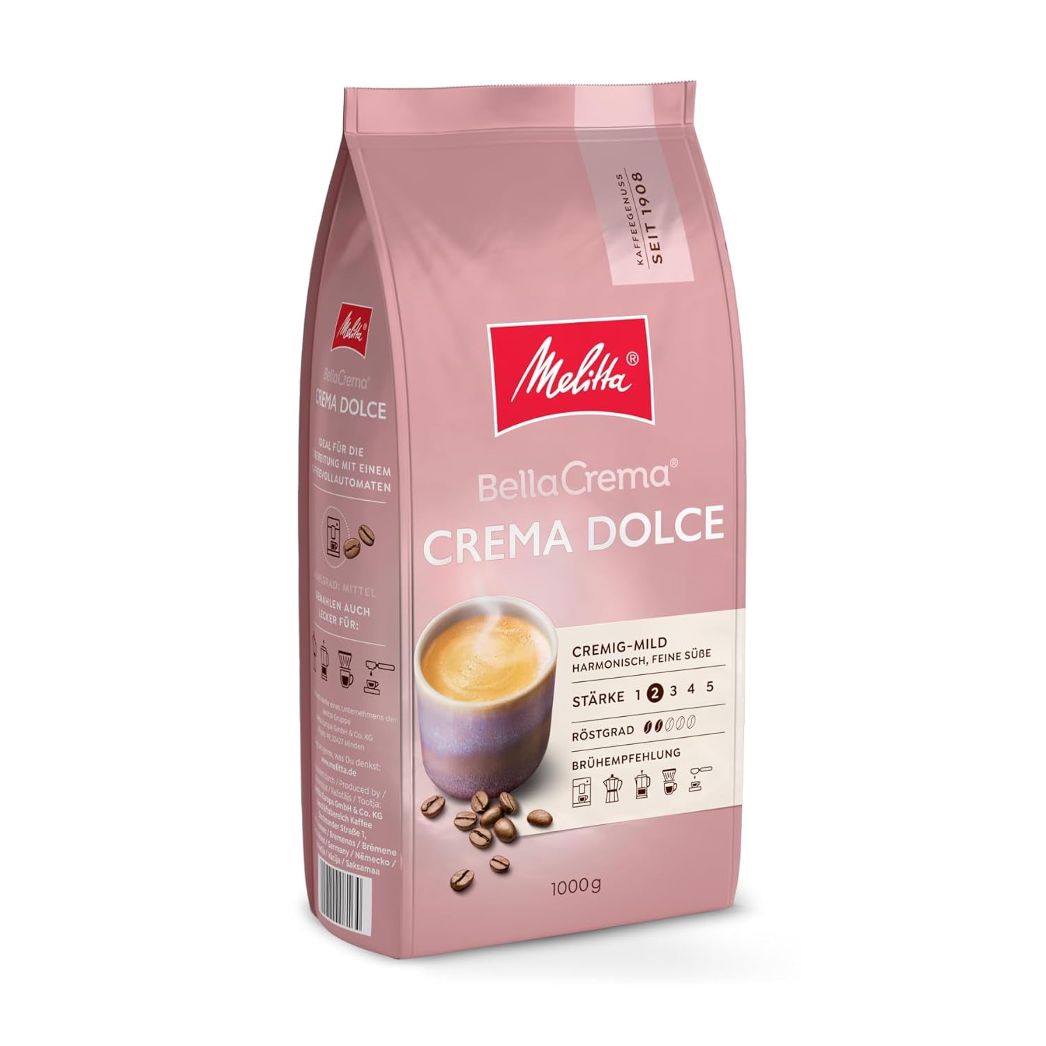 Melitta BellaCrema Crema Dolce café en grano 1 kg, sin moler, café en grano para cafeteras automáticas, ligeramente tostado, tostado en Alemania, intensidad 2