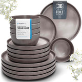 Vajilla de Gres para 12, 36 Piezas, Estilo Urbano, Alta Calidad, MUY BUENA PRUEBA, Vajilla de Gres - Juego de Cuenco y Plato - Vajilla para 12, Vajilla Pure Living en Gris-Marrón Mate