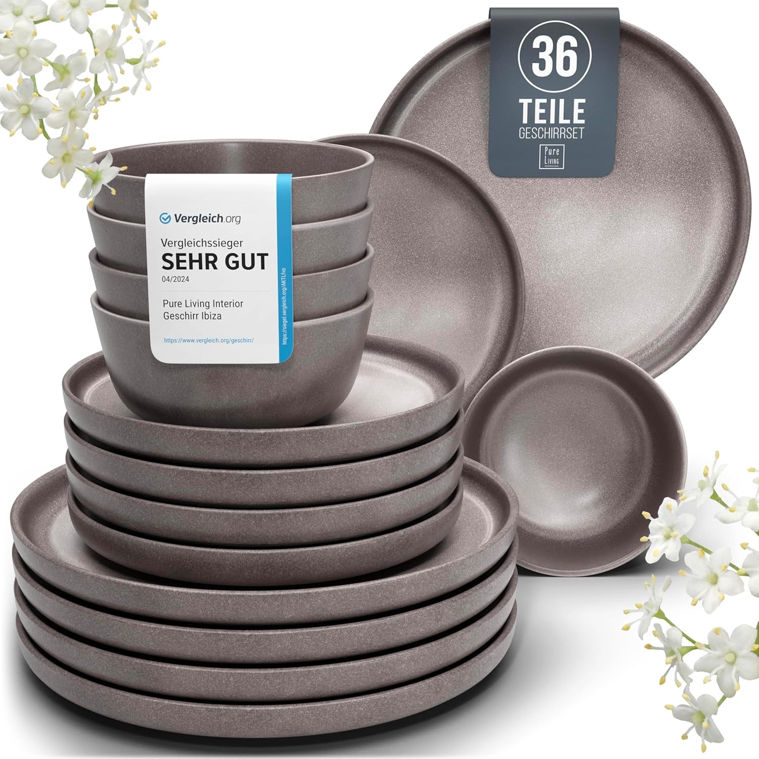 Vajilla de Gres para 12, 36 Piezas, Estilo Urbano, Alta Calidad, MUY BUENA PRUEBA, Vajilla de Gres - Juego de Cuenco y Plato - Vajilla para 12, Vajilla Pure Living en Gris-Marrón Mate
