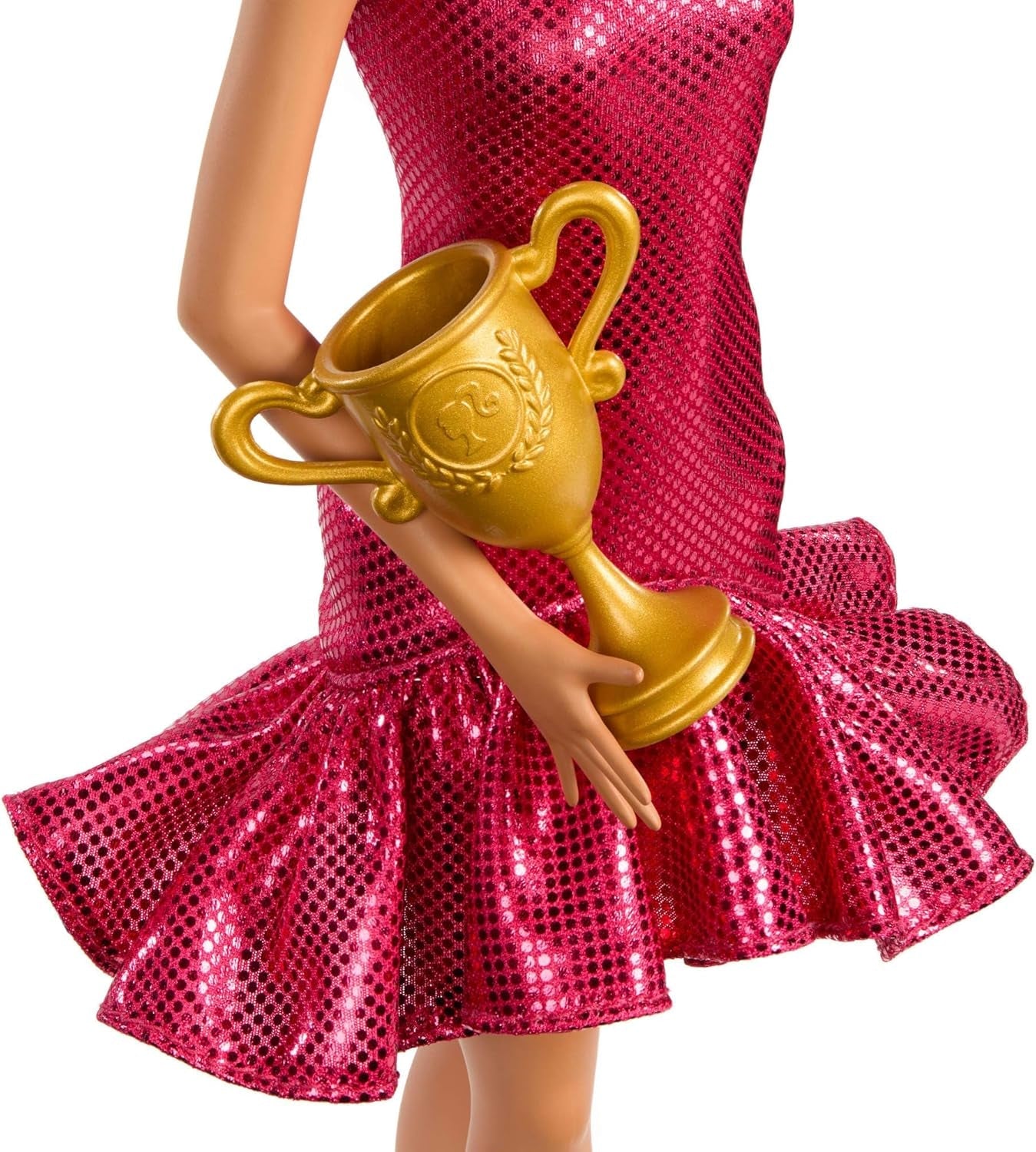 Muñeca Barbie bailarina de torneo con vestido rojo con volantes, zapatos de baile, cabello castaño y accesorios para trofeo de baile, JFR09