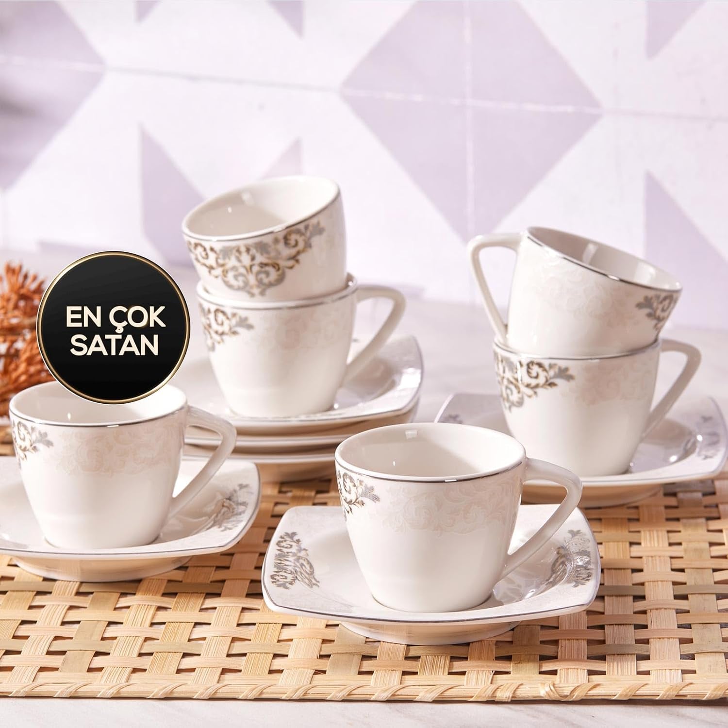 KARACA Nazende Juego de tazas de café expreso de porcelana - Tazas de café turco con platillos de 80 ml, servicio de café moderno de 12 piezas con 6 tazas de café y 6 platillos, tazas de moca - Blanco