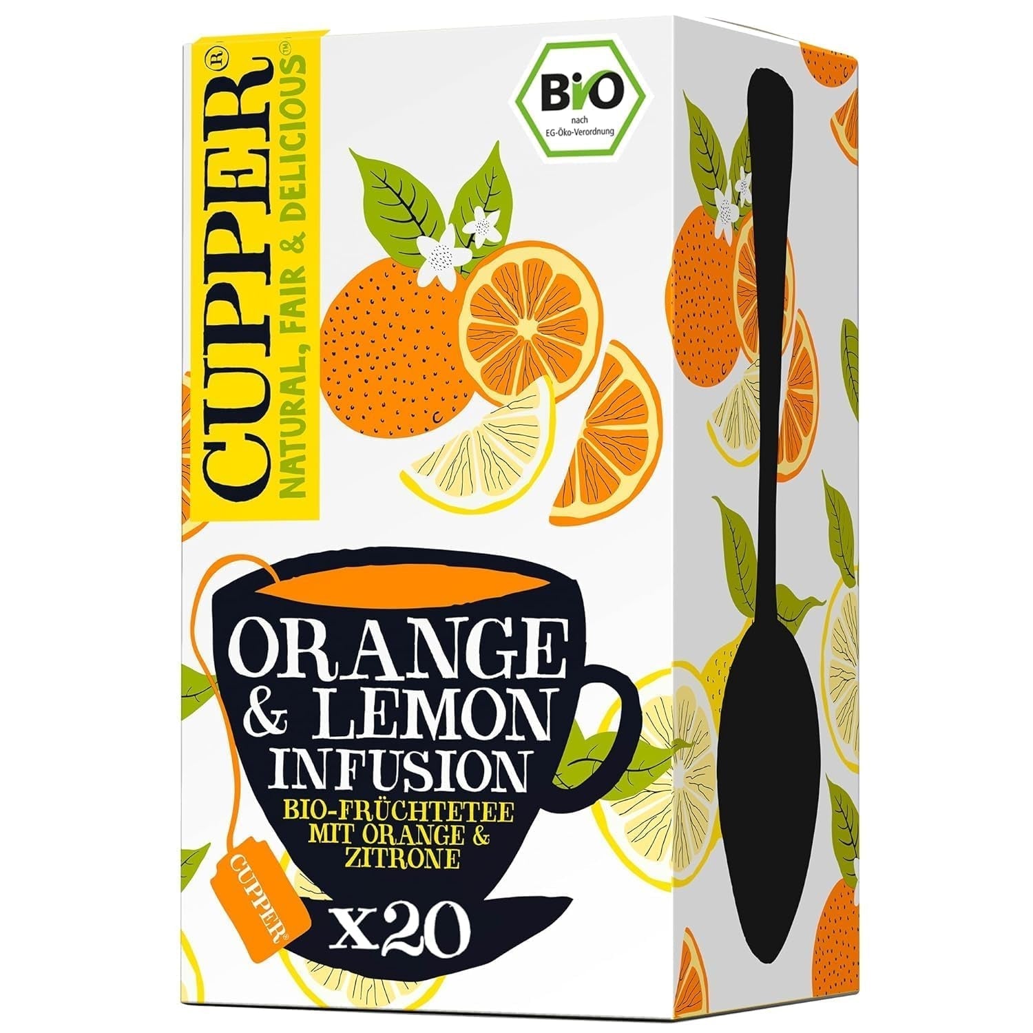 CUPPER Té de frutas orgánico "Infusión de naranja y limón", 20 bolsitas de té sin blanquear, orgánico, comercio justo