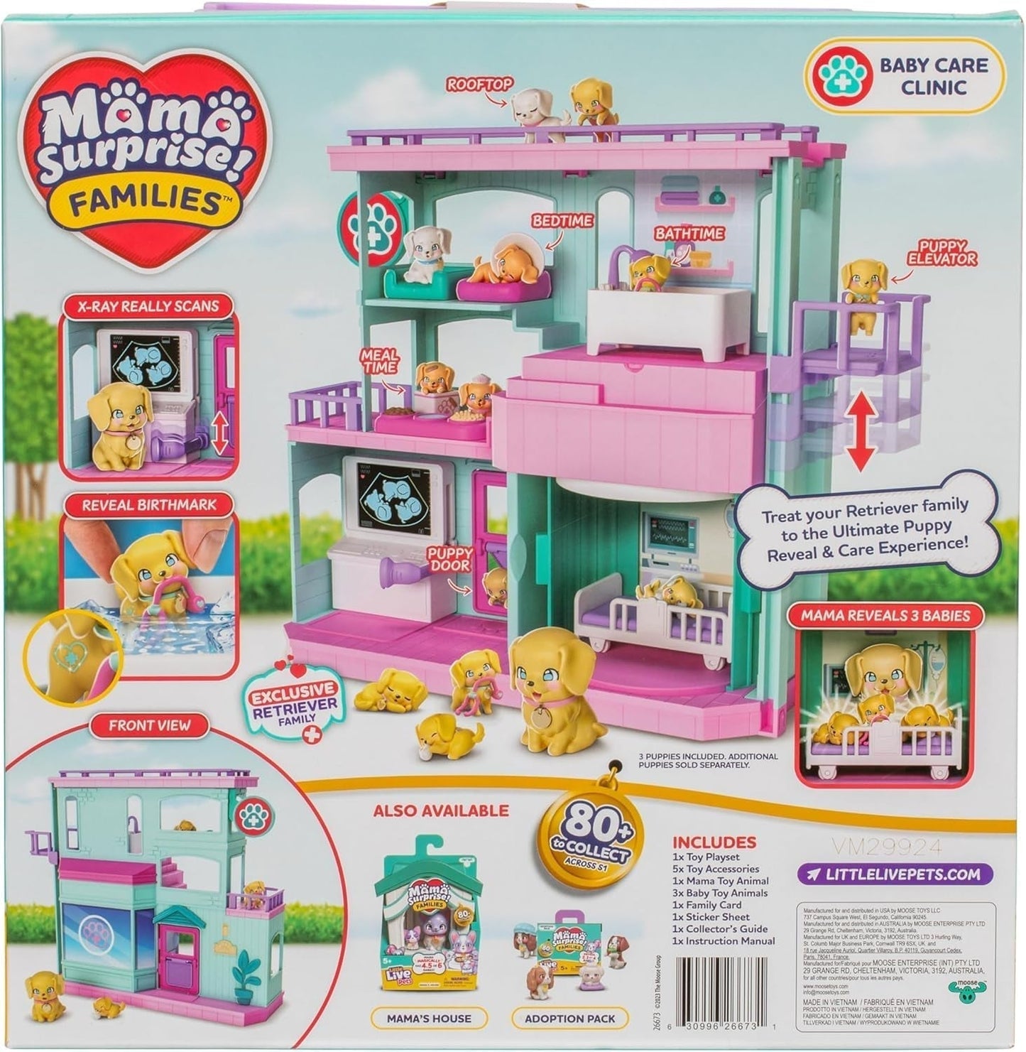 Little Live Pets Mama Surprise Families Baby Clinic Playset, 3 cachorros Retriever incluidos, Magic, juego de doble cara (27,8 cm de ancho, 23,8 cm de alto). Alimentar, bañar y jugar, regalo para niños Figuras de acción Naty Shop