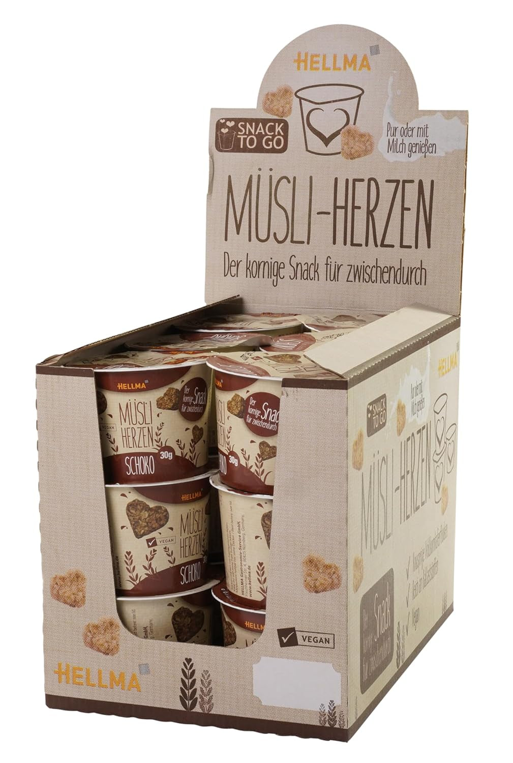 HELLMA Inimioare cu Muesli și Ciocolată - 18 porții, câte 30 g fiecare - Fulgi de ovăz acoperiți cu ciocolată în formă de inimă, pahare la pachet