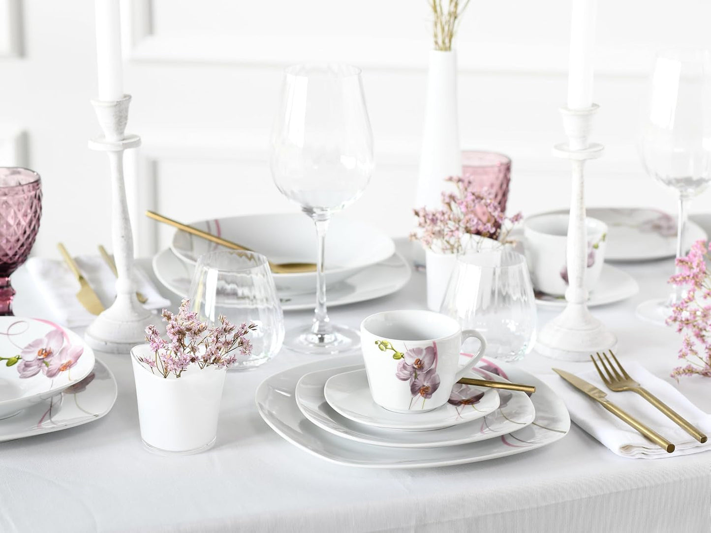 CreaTable, 24024, Serie Square Orchid, Vajilla de 18 piezas para 6 personas, Servicio de café de porcelana, Apto para lavavajillas y microondas, Fabricación de calidad