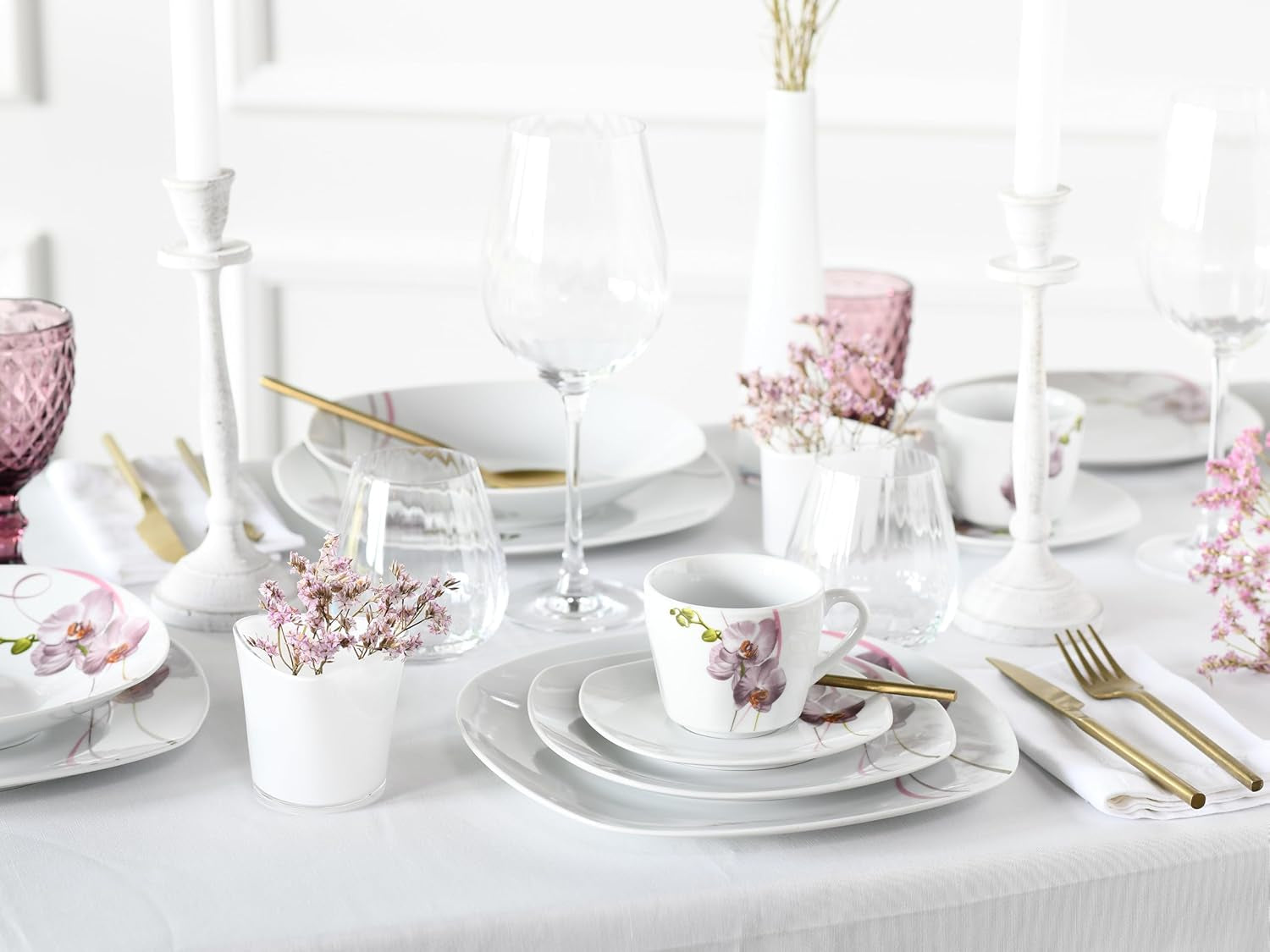 CreaTable, 24024, Serie Square Orchid, Vajilla de 18 piezas para 6 personas, Servicio de café de porcelana, Apto para lavavajillas y microondas, Fabricación de calidad