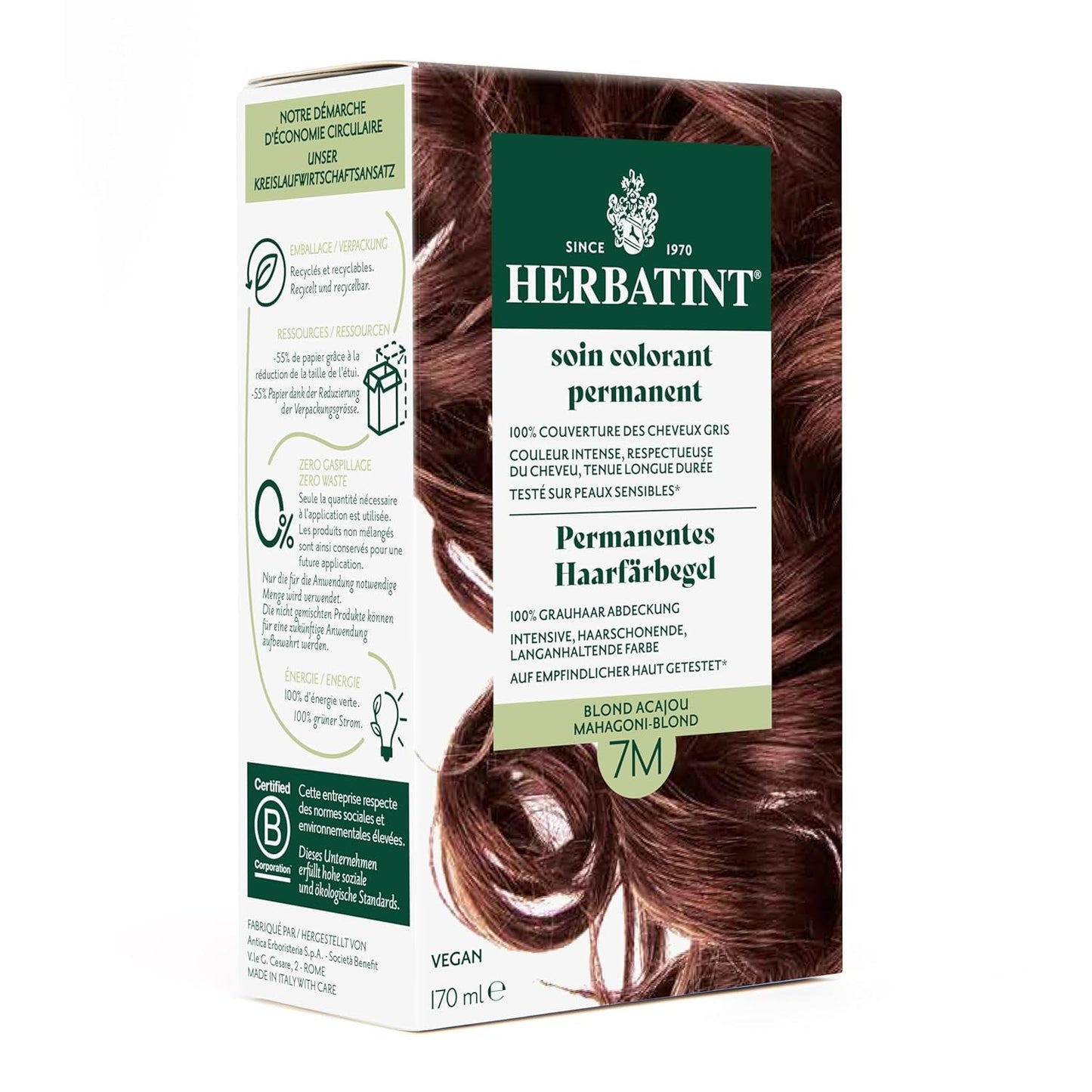 Tinte permanente en gel 6N Rubio oscuro - 170 ml I Sin amonia, 100% cobertura de las canas I Testado en pieles sensibles, con 8 extractos de plantas Tinte Naty Shop 7M Rubio caoba