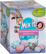 Tintes para huevos Heitmann - Mix It Pastel - 3 tintes líquidos para huevos en rosa, turquesa y morado, taza, arroz, plantillas y guantes - Teñido fácil para huevos
