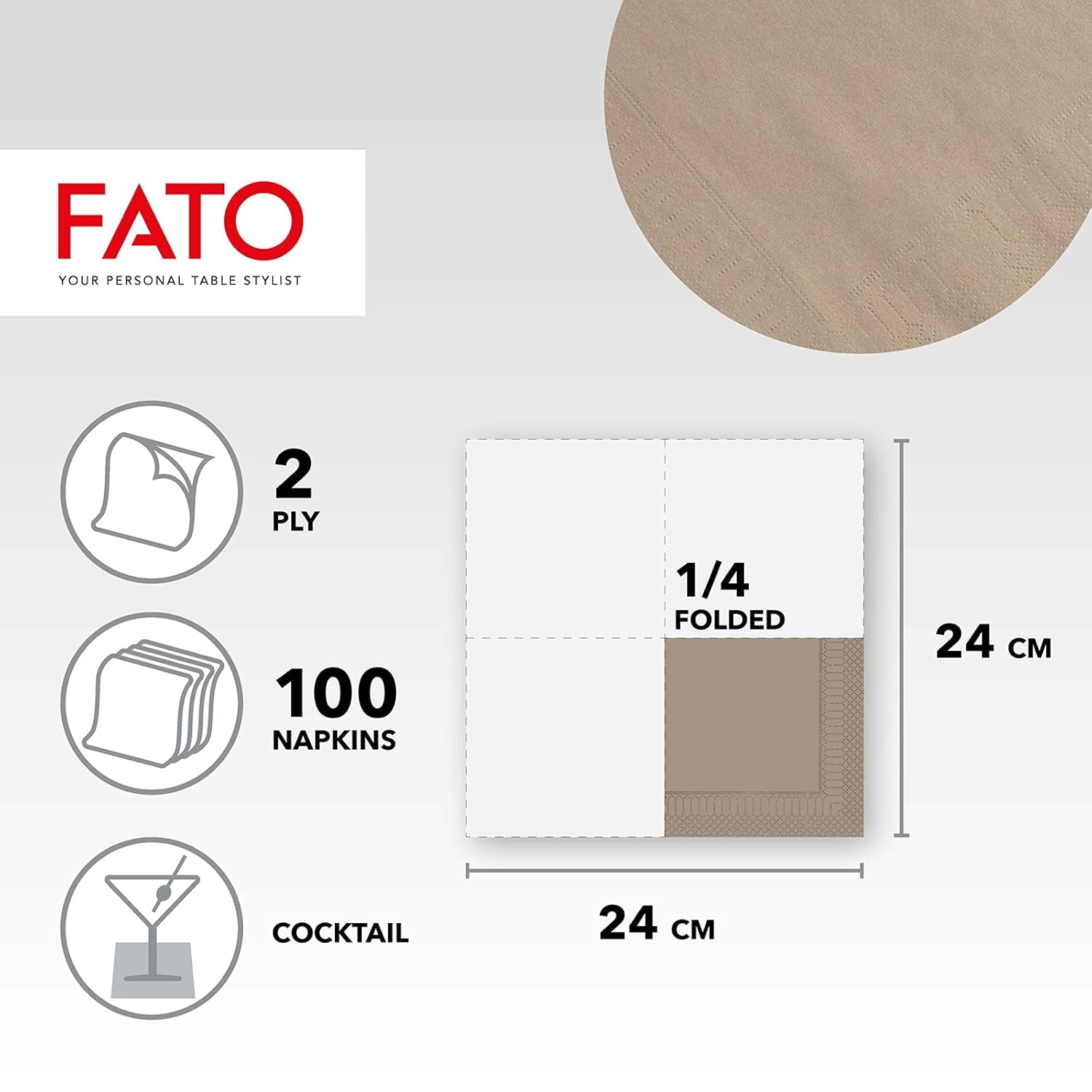 , Servilletas de papel desechables, Ideales para aperitivos y cócteles, Paquete de 100 servilletas, Tamaño 24X24 plegadas en 4, 2 capas, Color Tórtola, Papel 100% pura celulosa, Certificado Fsc
