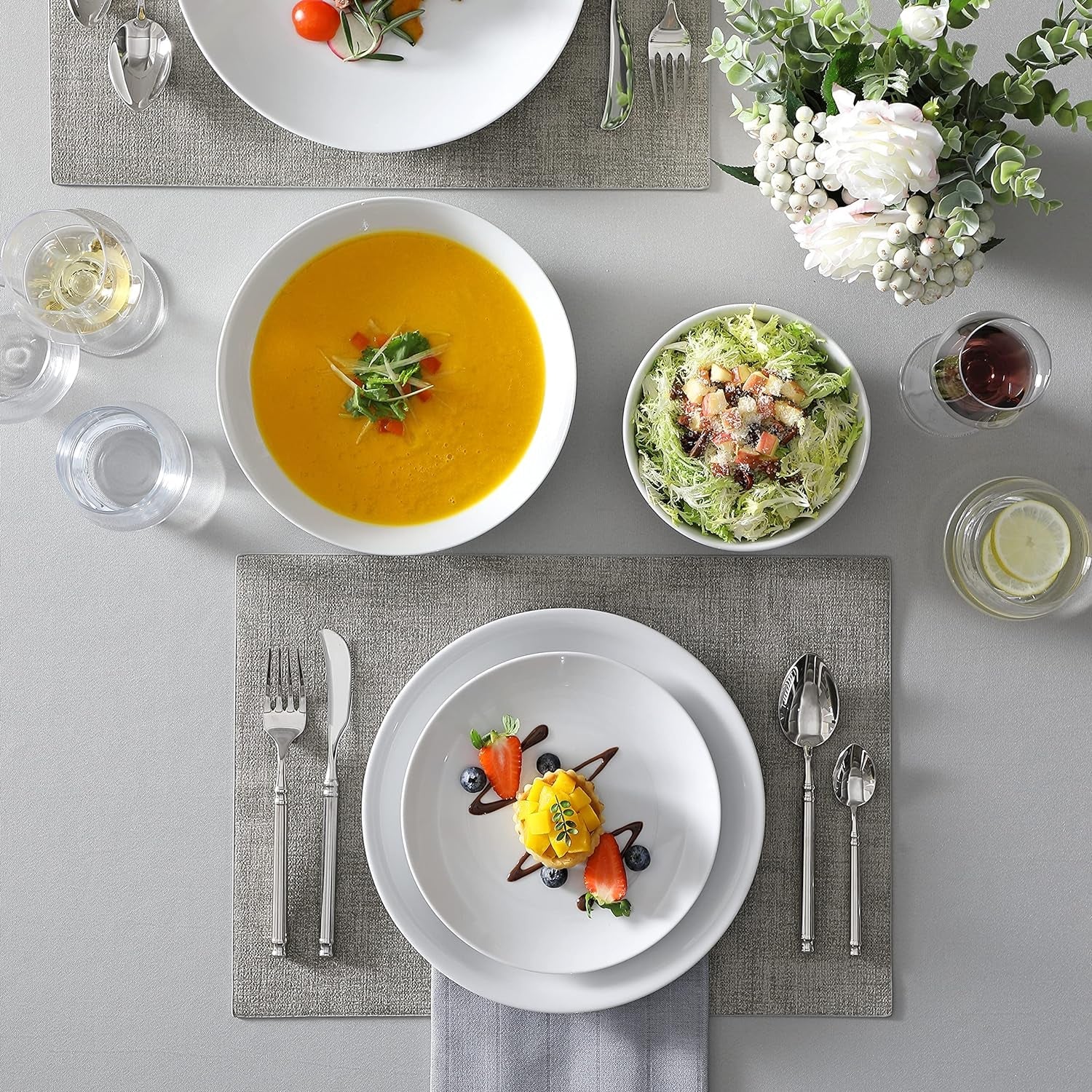 MALACASA Vajilla para 12 Personas, Vajilla Moderna de Porcelana Amelia de 48 Piezas, Servicio de Mesa con 12 Platos Llanos, Platos de Postre, Platos Suma y Cuencos de Cereal, Vajilla Moderna para 12 Personas - Blanco