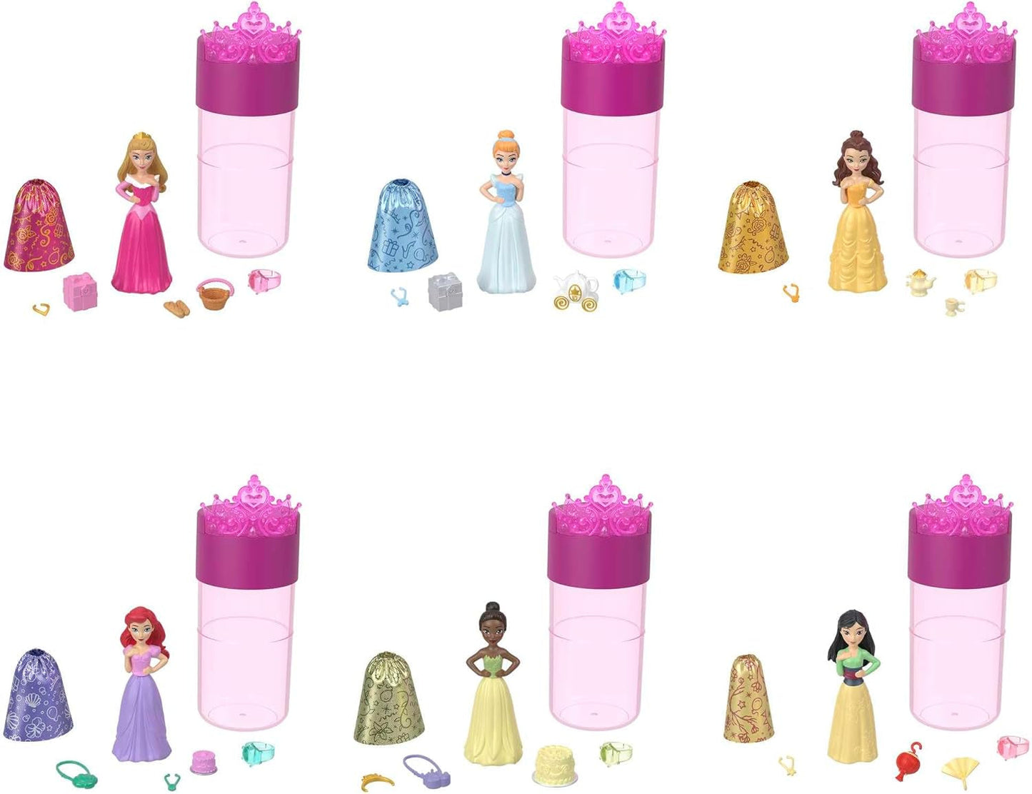 Disney Princess Color Reveal - 6 muñecas sorpresa activadas por agua, accesorios, para niños a partir de 3 años, Ariel, Tiana, Mulan, Cenicienta, Bella, Aurora, HPX39